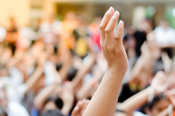 Abbildung zeigt eine in die Luft gestreckte Hand während einer Abstimmung. Im Hintergrund sind viele weitere Hände zu sehen.