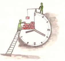 Zeichnung zeigt eine Uhr, die aus Ziegelsteinen fertiggestellt wird zur Auflockerung der Seite.