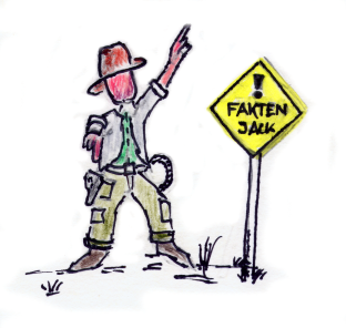 Grafik: Cowboy, der neben einem Schild mit der Aufschrift "Fakten-Check" steht und dem Finger nach oben zeigt